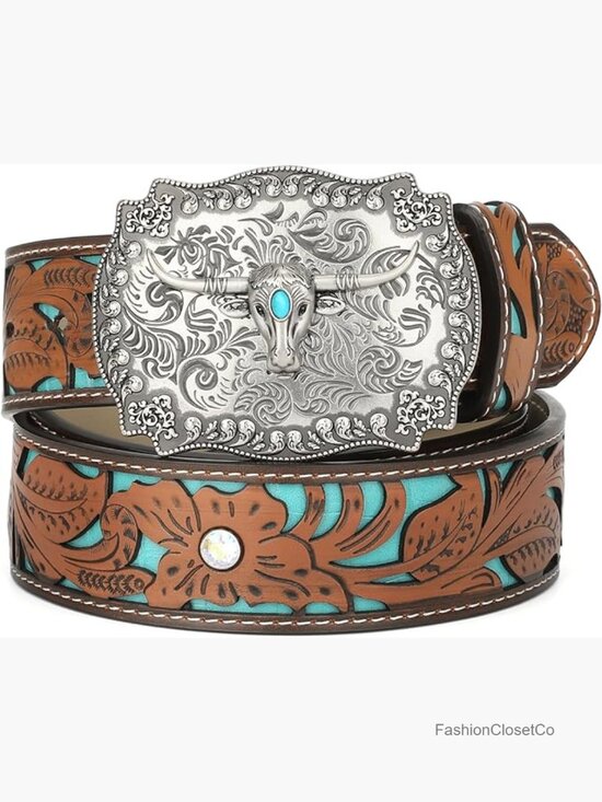 Vintage Engraved Tooled Leather Belt with Interchangeable Western Buckle main image 5